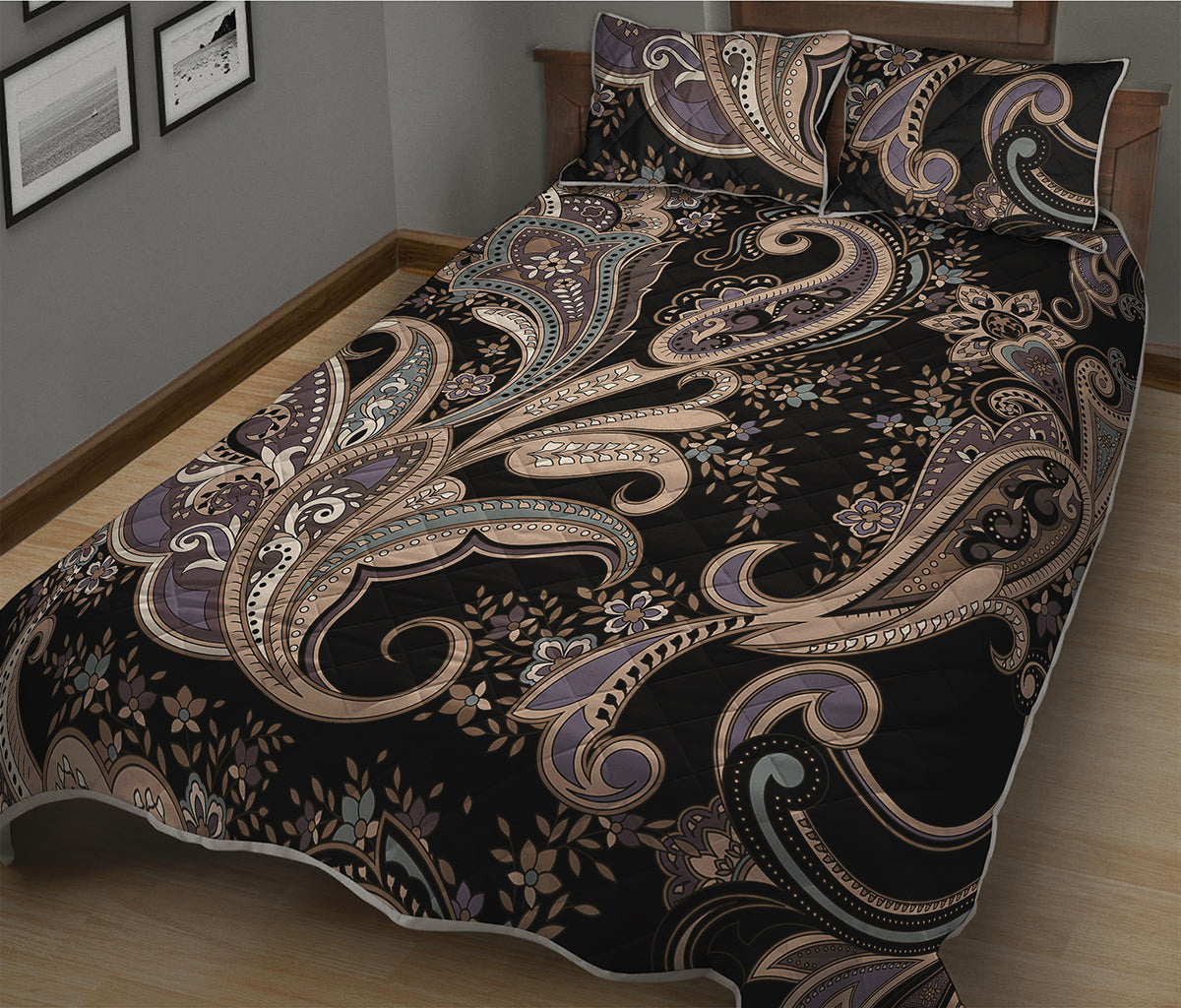 Dark Brown Paisley Pattern Print Quilt Bed Set
