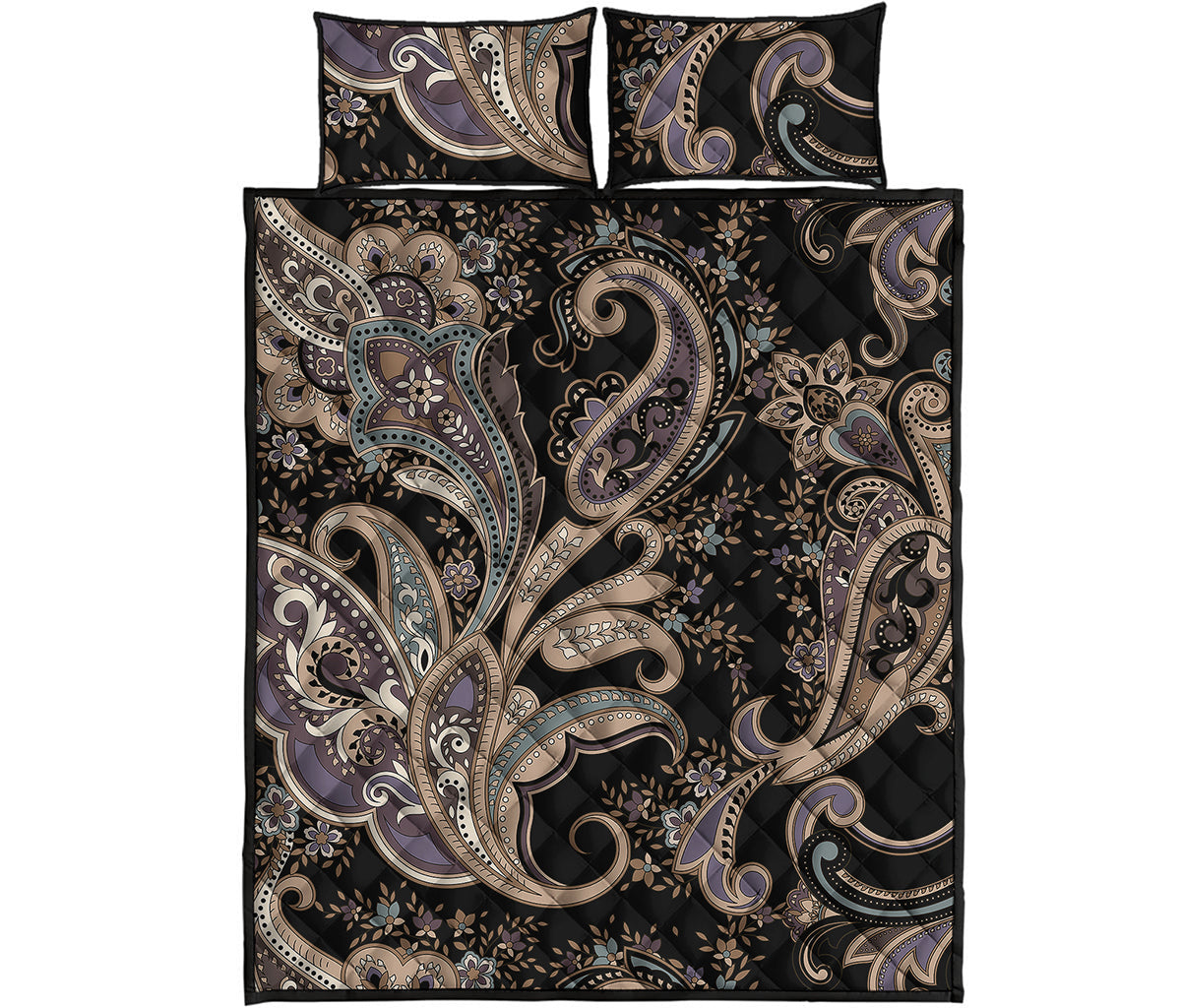 Dark Brown Paisley Pattern Print Quilt Bed Set