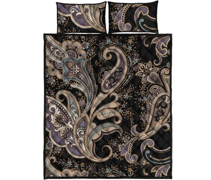 Dark Brown Paisley Pattern Print Quilt Bed Set