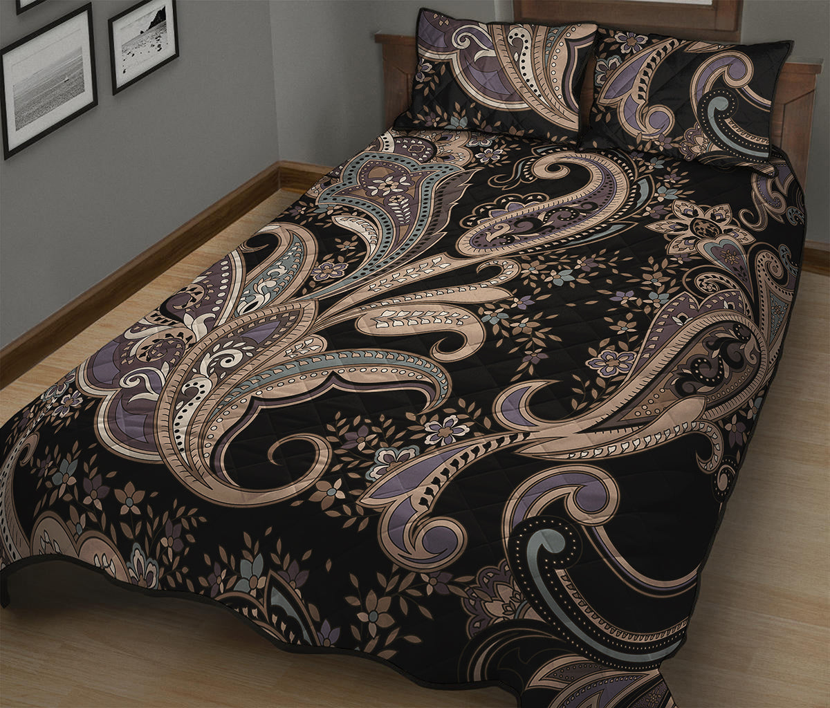 Dark Brown Paisley Pattern Print Quilt Bed Set