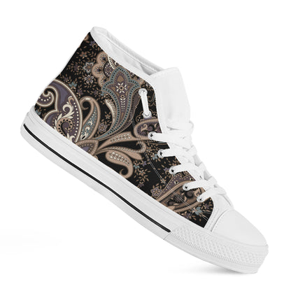Dark Brown Paisley Pattern Print White High Top Shoes