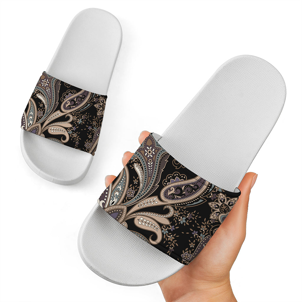 Dark Brown Paisley Pattern Print White Slide Sandals