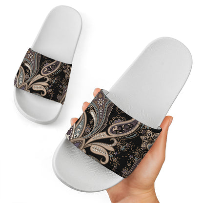 Dark Brown Paisley Pattern Print White Slide Sandals
