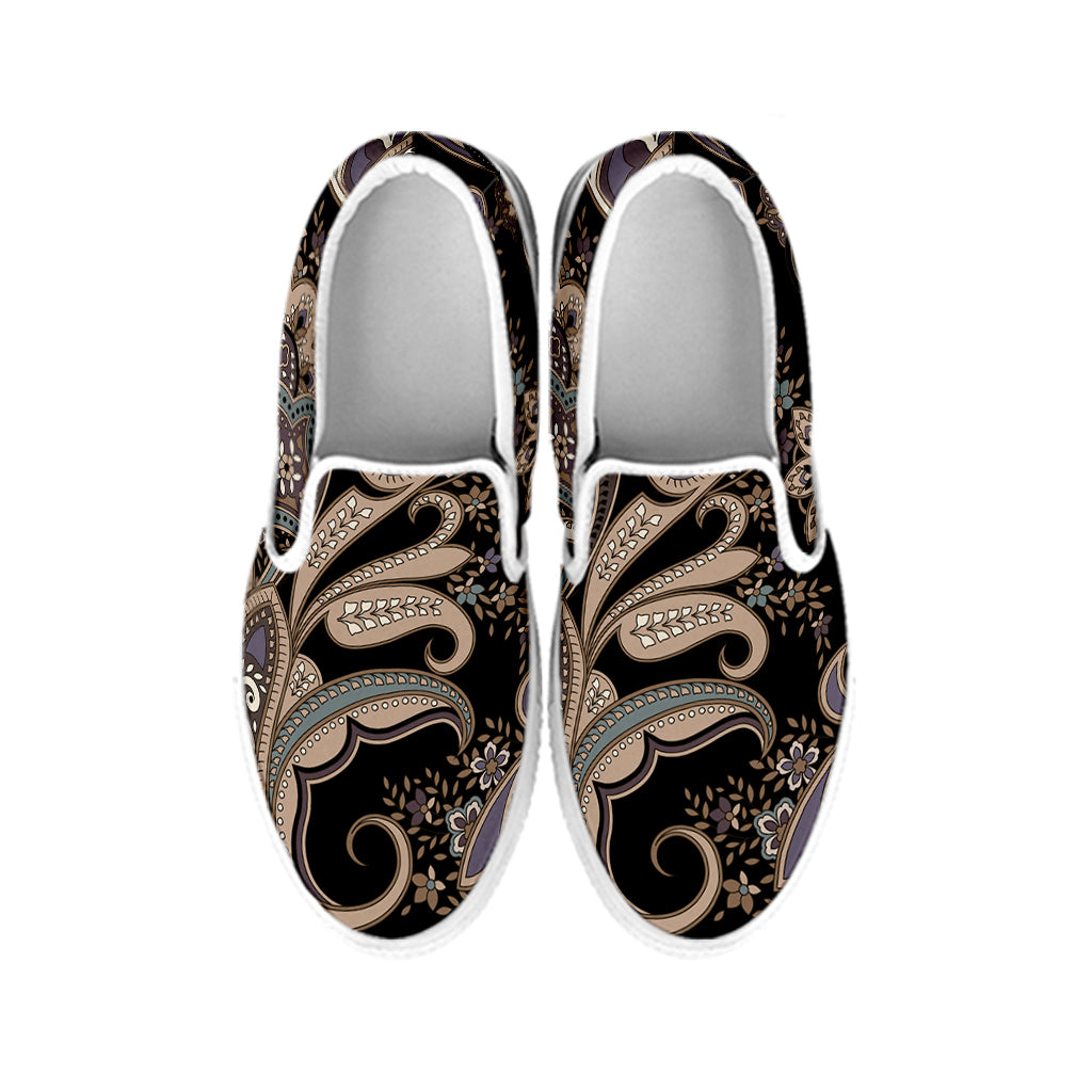 Dark Brown Paisley Pattern Print White Slip On Shoes