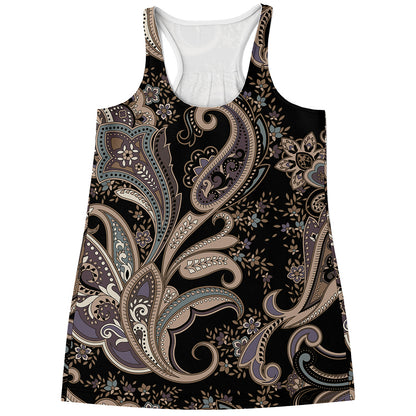 Dark Brown Paisley Pattern Print Women's Racerback Tank Top