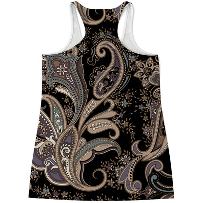 Dark Brown Paisley Pattern Print Women's Racerback Tank Top