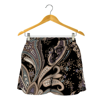 Dark Brown Paisley Pattern Print Women's Shorts
