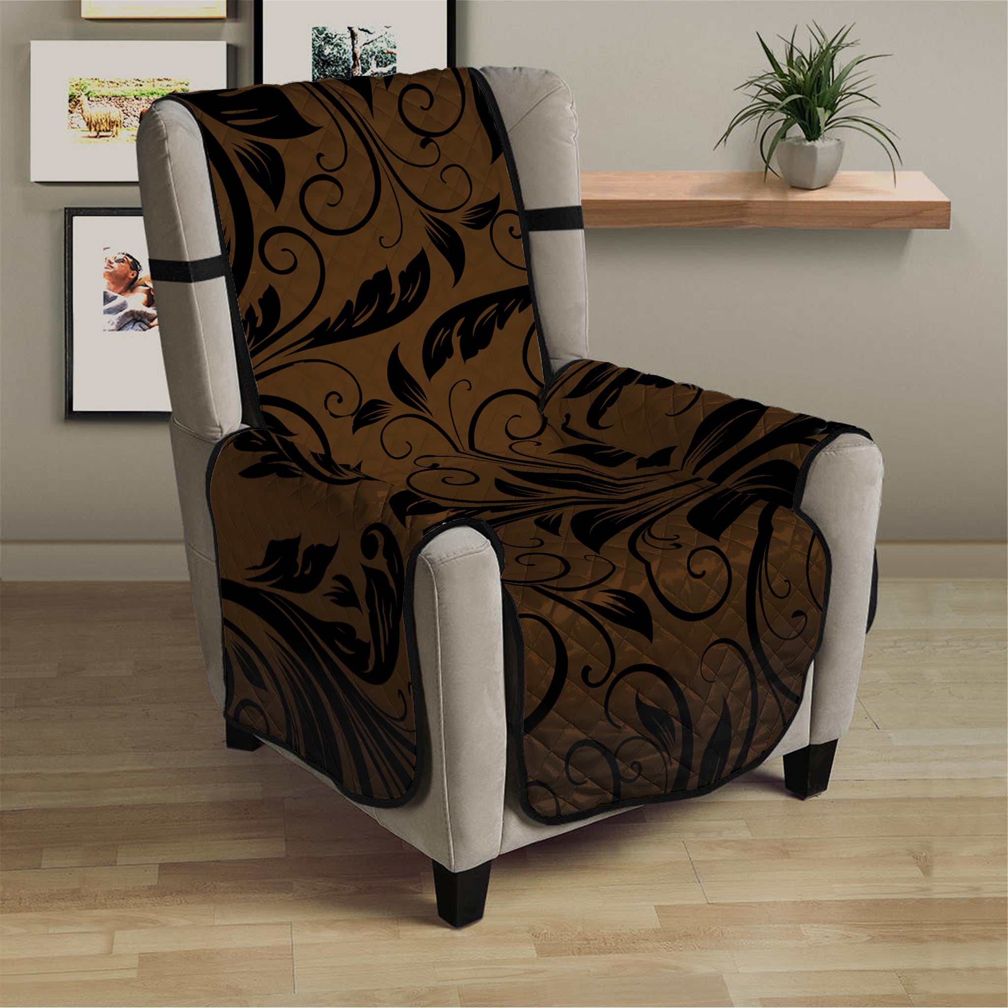 Dark Brown Western Damask Print Armchair Protector