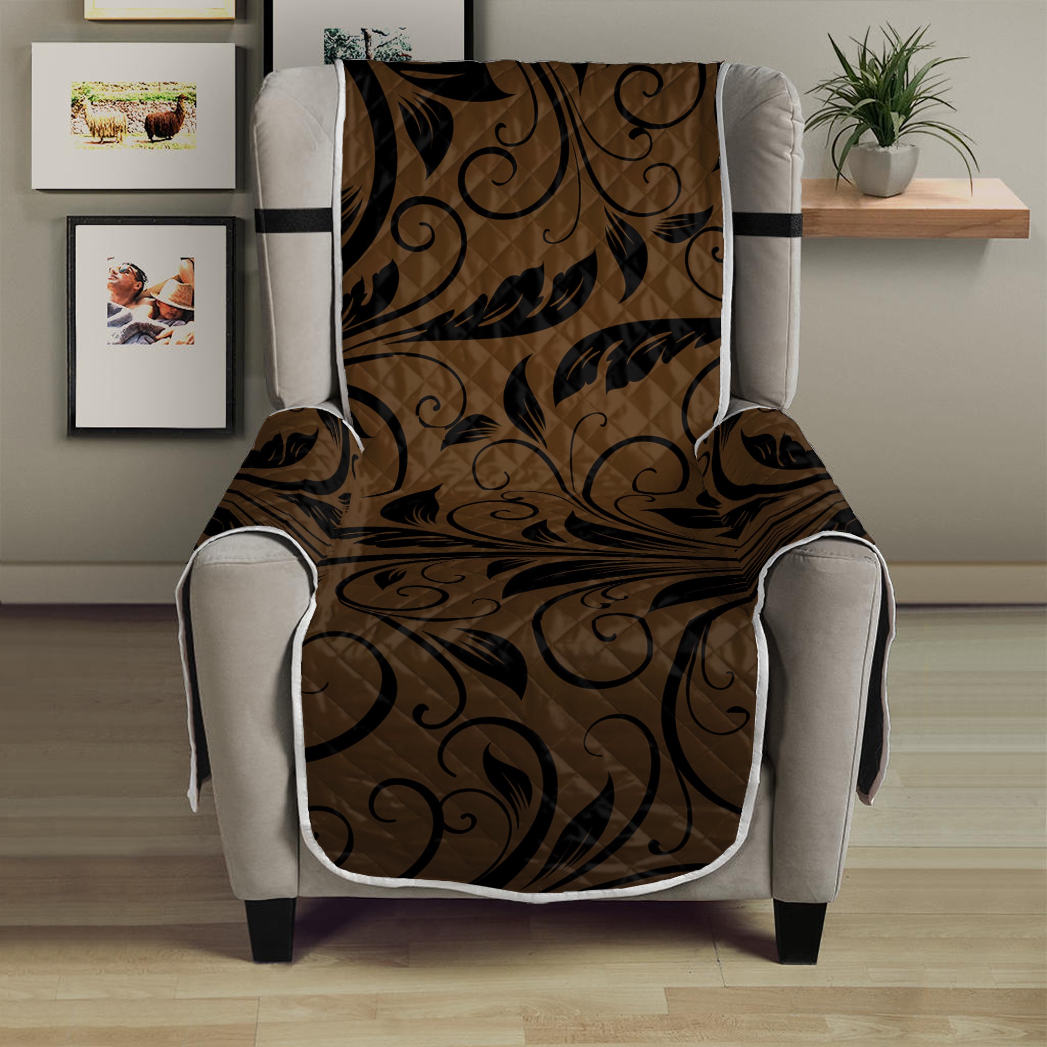 Dark Brown Western Damask Print Armchair Protector