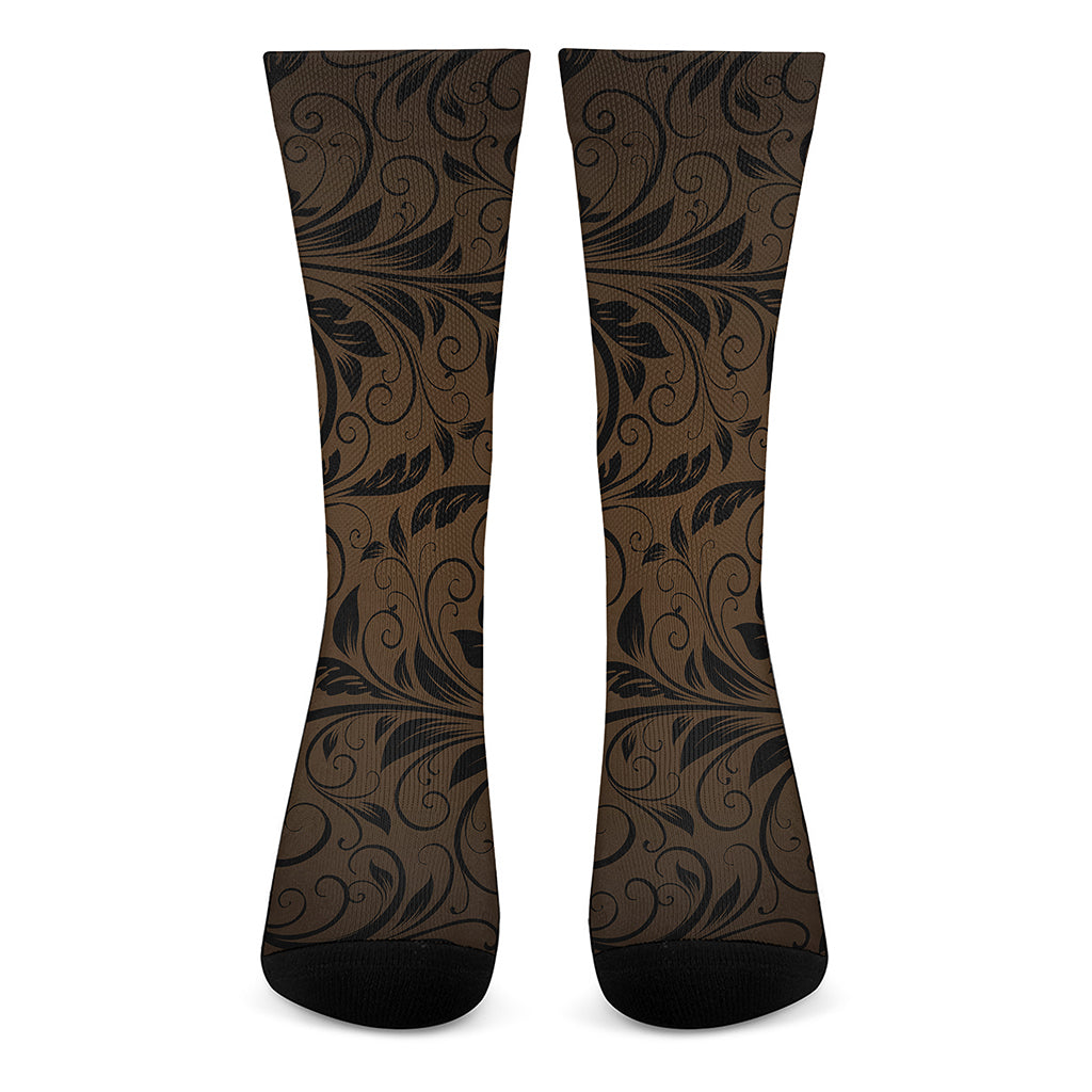 Dark Brown Western Damask Print Crew Socks