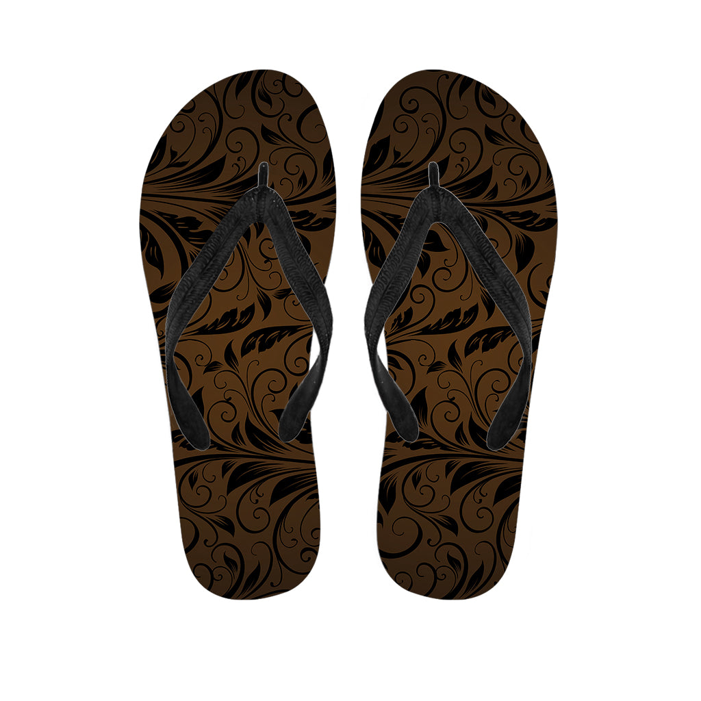 Dark Brown Western Damask Print Flip Flops
