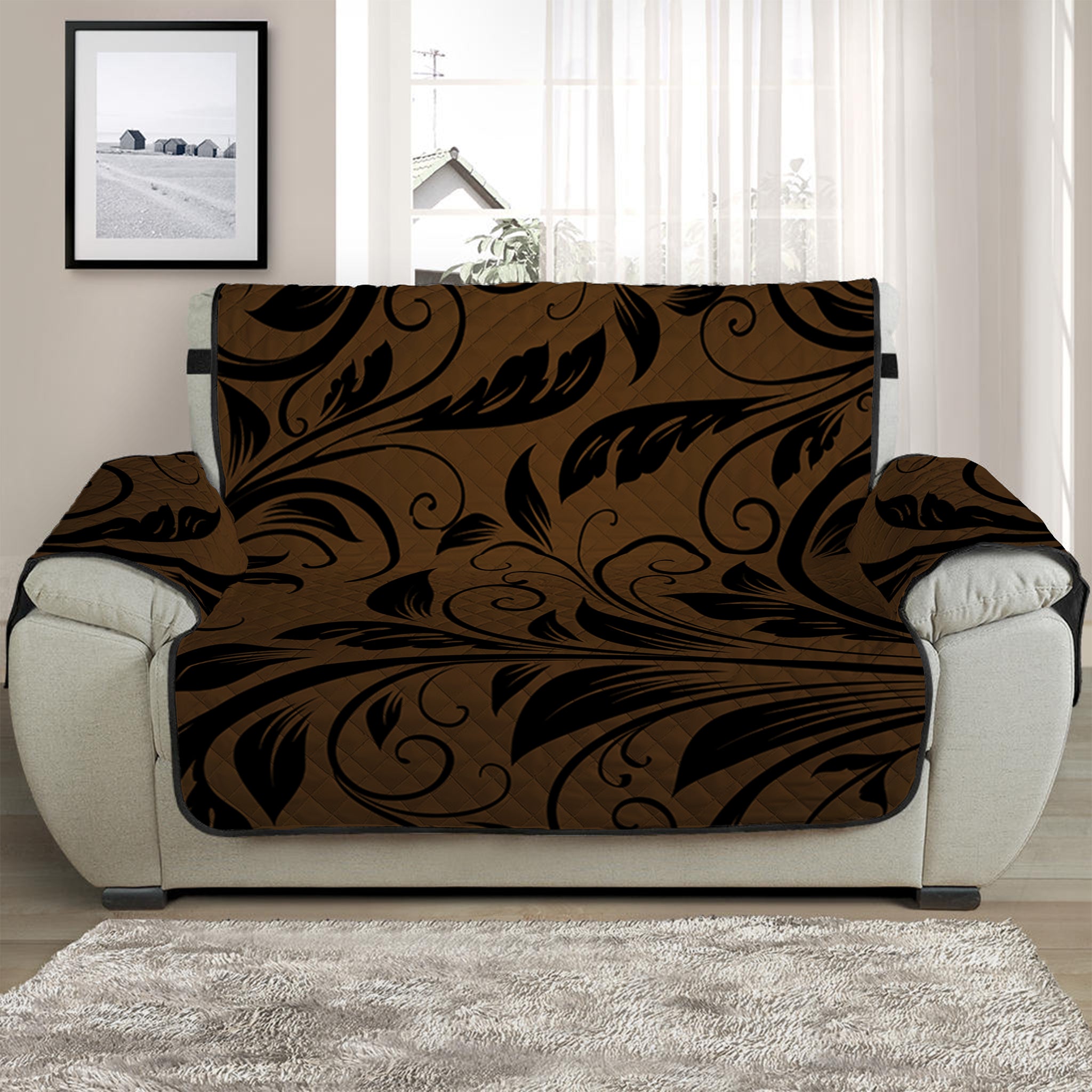 Dark Brown Western Damask Print Half Sofa Protector