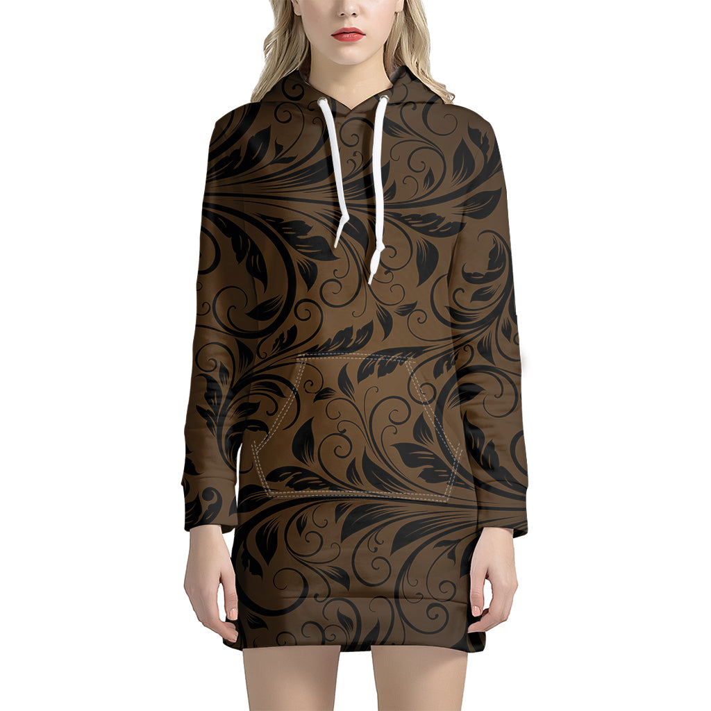 Dark Brown Western Damask Print Hoodie Dress