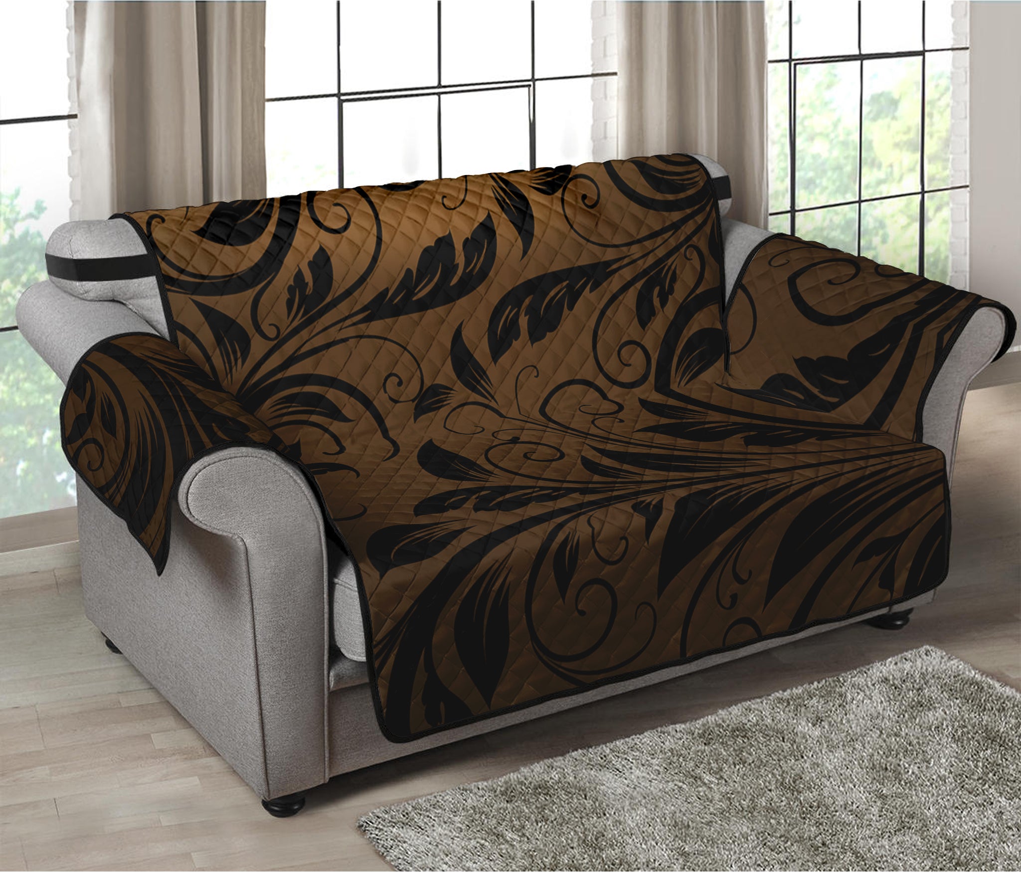 Dark Brown Western Damask Print Loveseat Protector