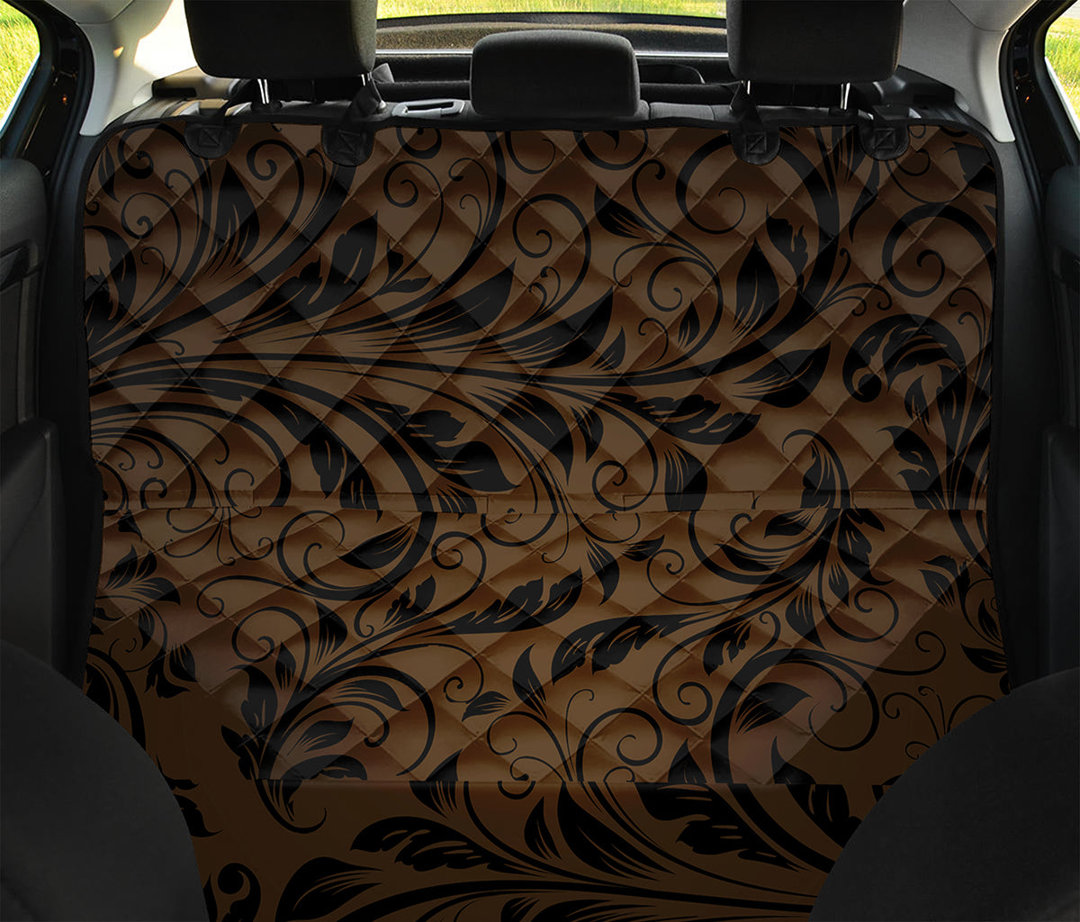 Dark Brown Western Damask Print Pet Car Back Seat Cover