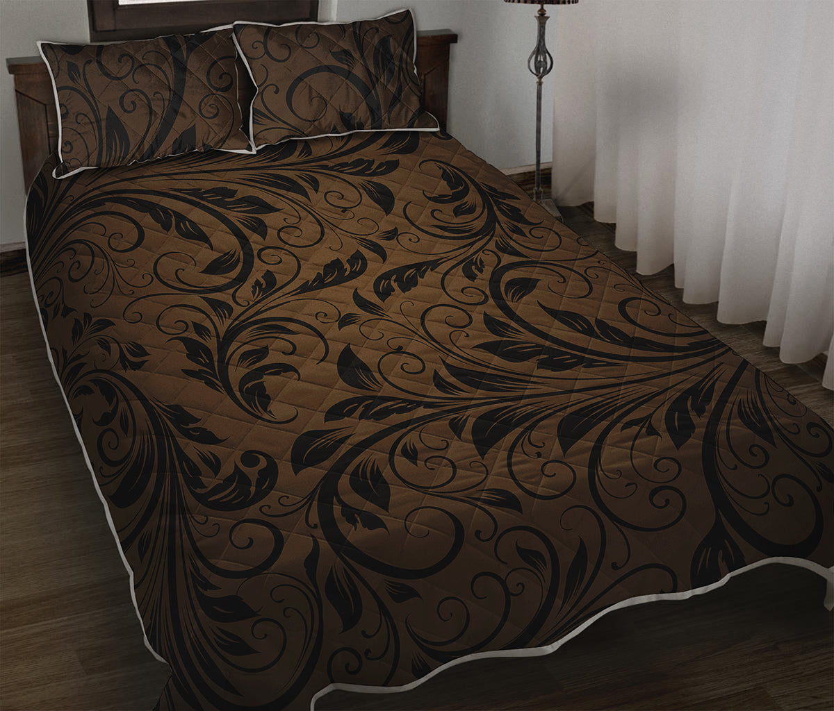Dark Brown Western Damask Print Quilt Bed Set