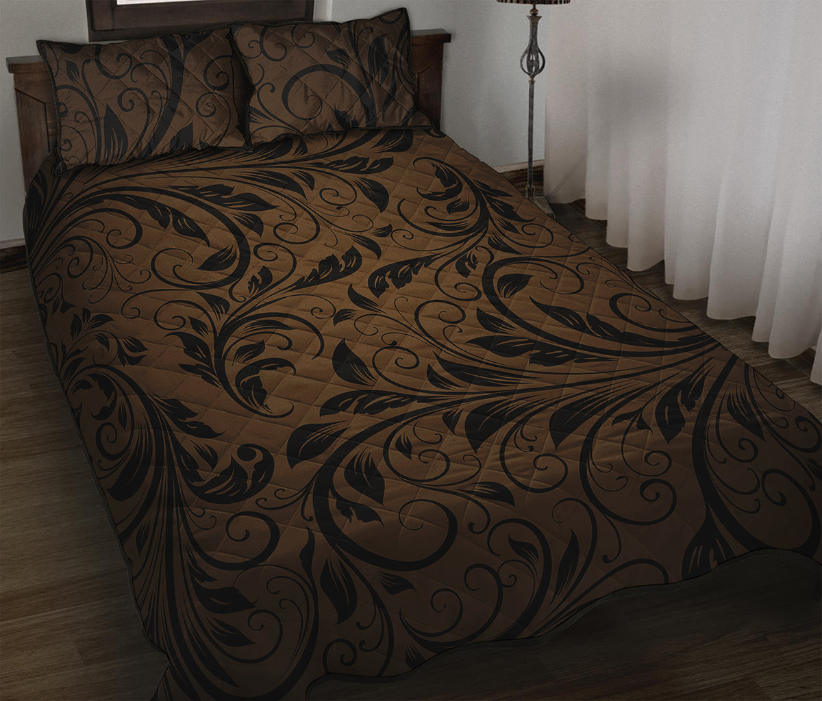 Dark Brown Western Damask Print Quilt Bed Set