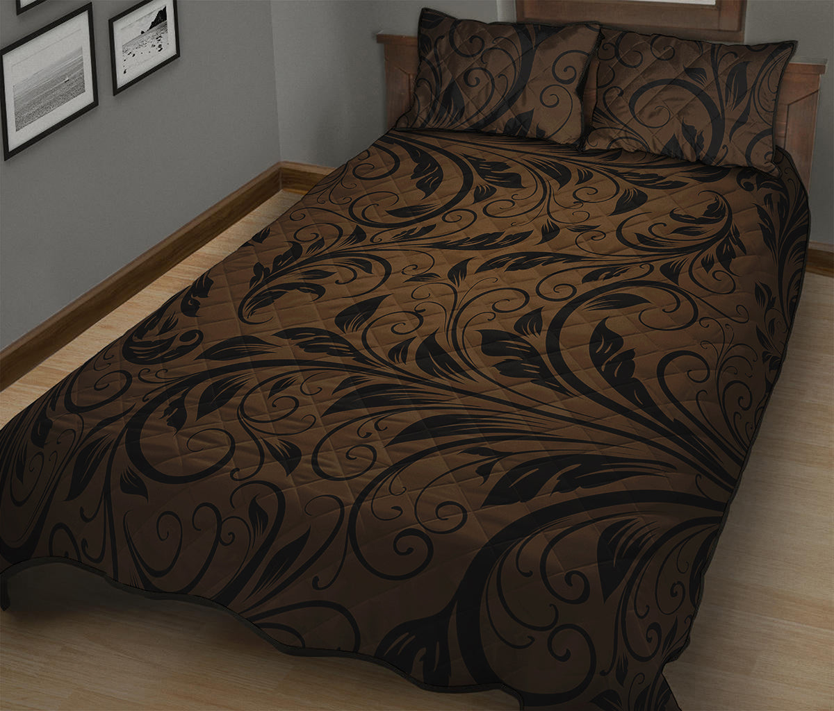 Dark Brown Western Damask Print Quilt Bed Set