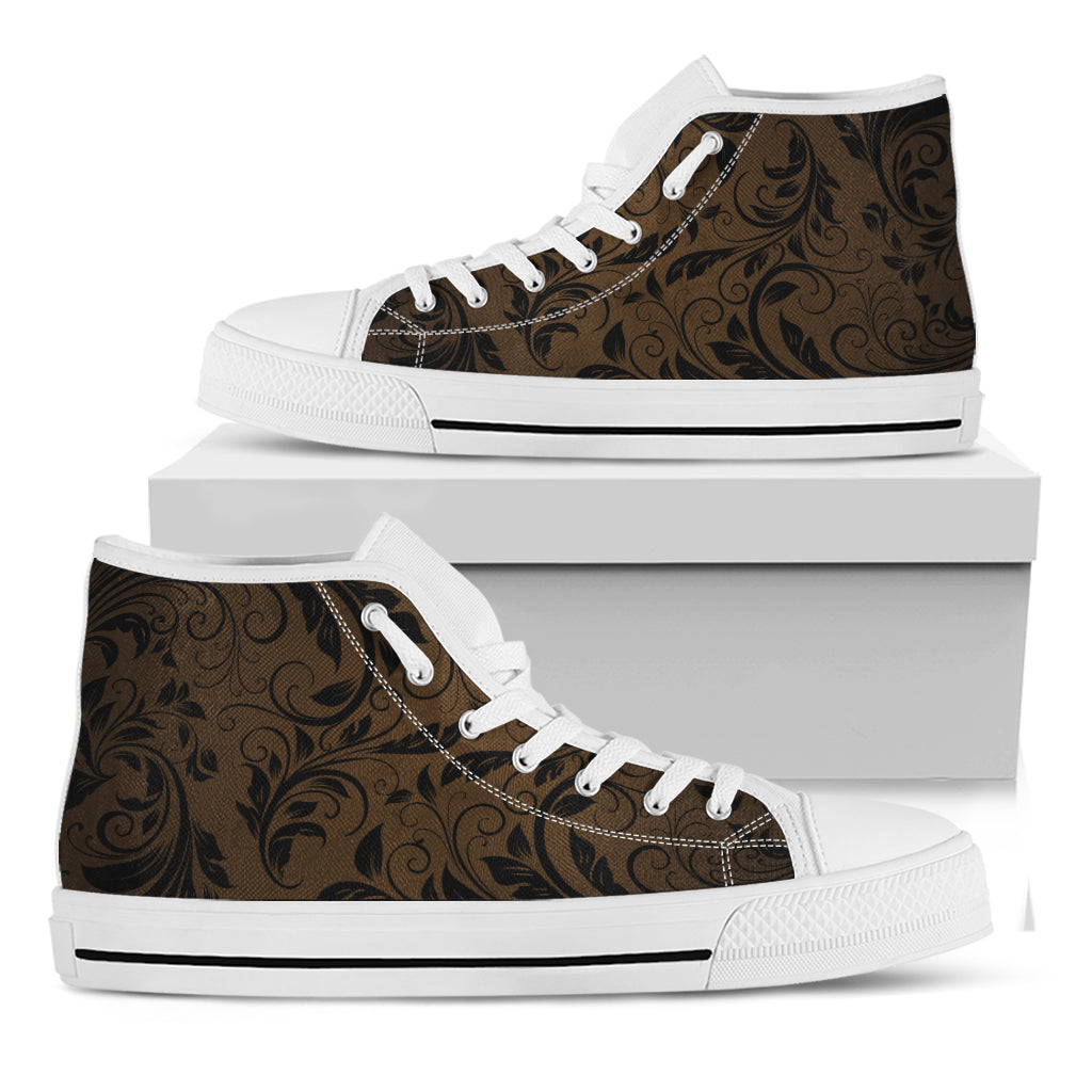 Dark Brown Western Damask Print White High Top Shoes