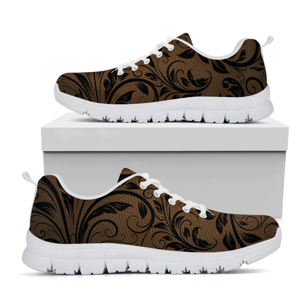 Dark Brown Western Damask Print White Sneakers