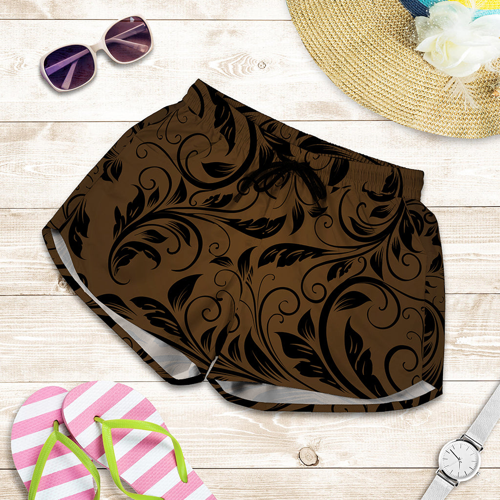 Dark Brown Western Damask Print Women's Shorts