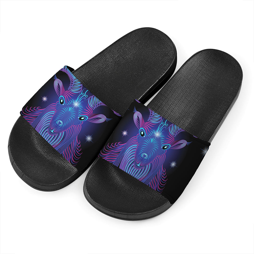 Dark Capricorn Zodiac Sign Print Black Slide Sandals