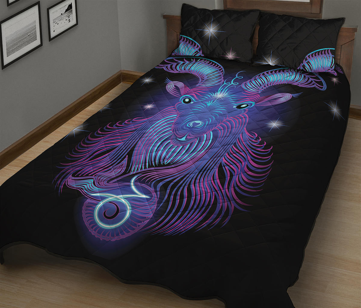 Dark Capricorn Zodiac Sign Print Quilt Bed Set