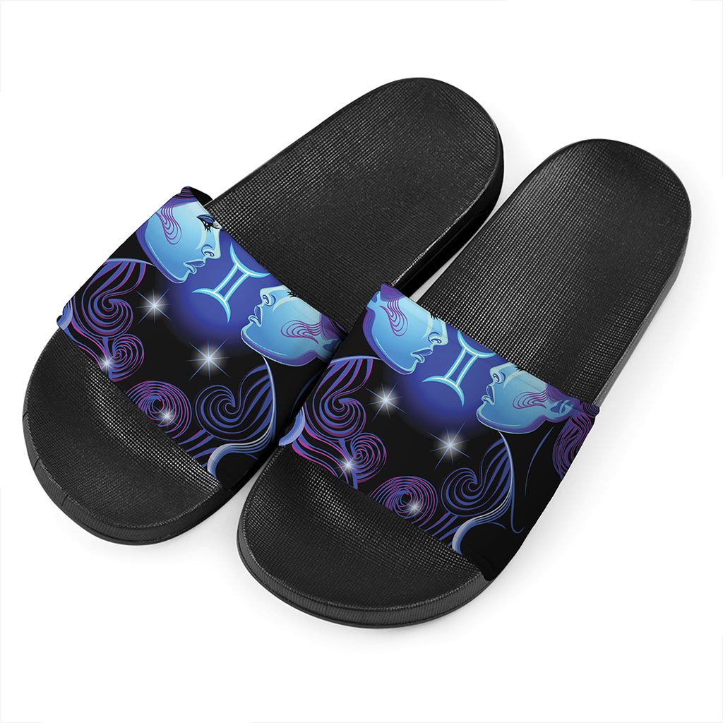 Dark Gemini Zodiac Sign Print Black Slide Sandals