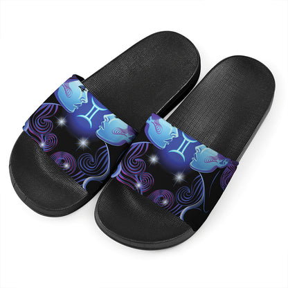Dark Gemini Zodiac Sign Print Black Slide Sandals