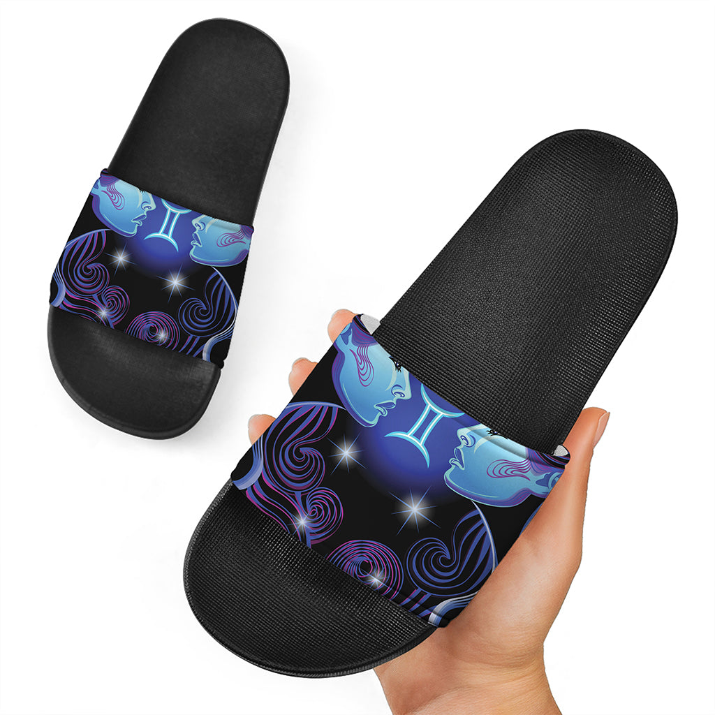 Dark Gemini Zodiac Sign Print Black Slide Sandals