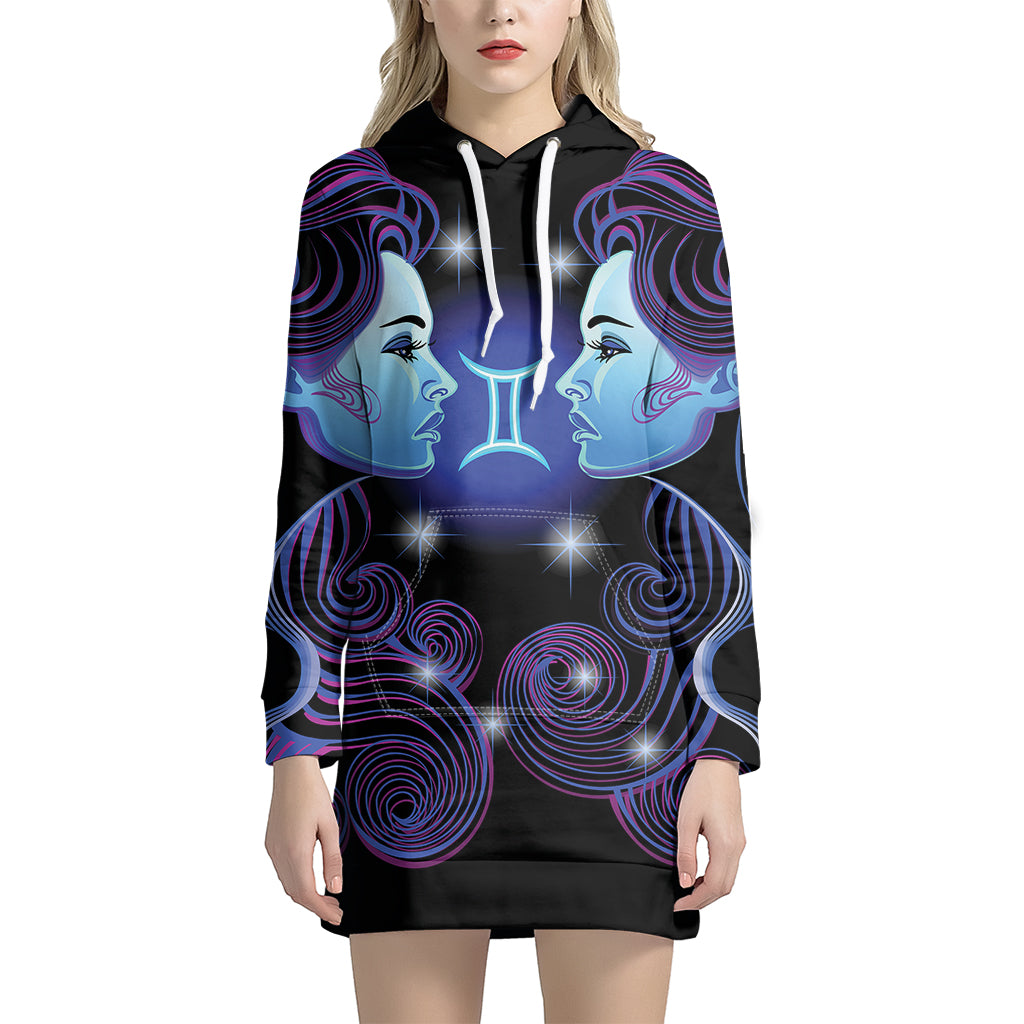 Dark Gemini Zodiac Sign Print Pullover Hoodie Dress