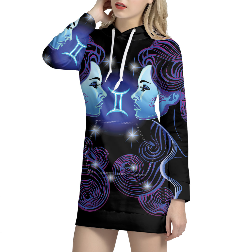 Dark Gemini Zodiac Sign Print Pullover Hoodie Dress