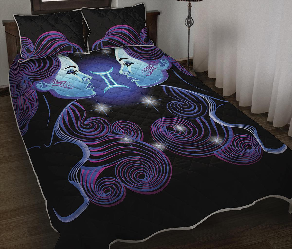 Dark Gemini Zodiac Sign Print Quilt Bed Set