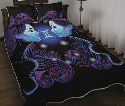Dark Gemini Zodiac Sign Print Quilt Bed Set