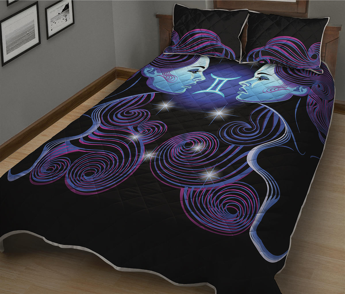 Dark Gemini Zodiac Sign Print Quilt Bed Set