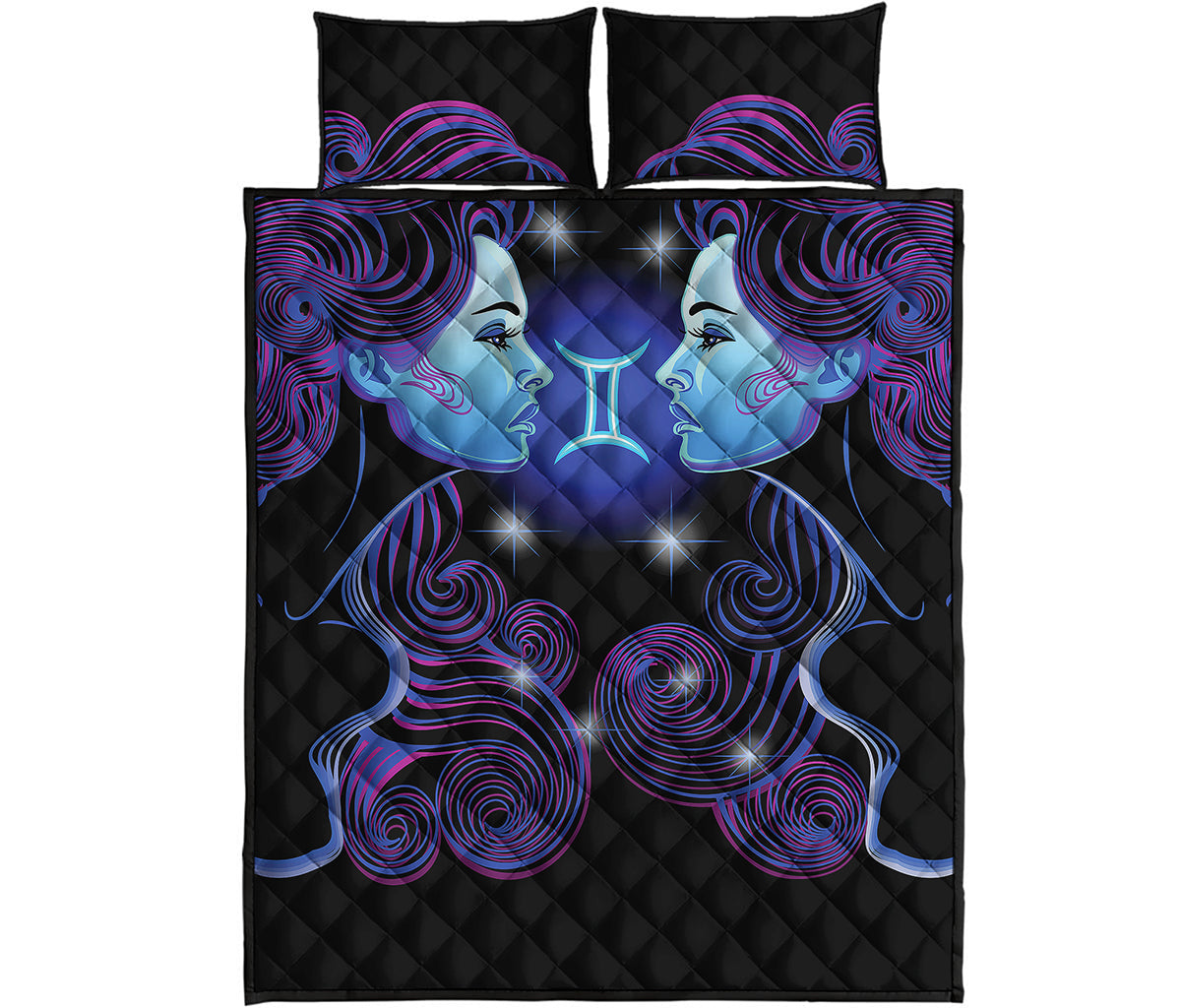 Dark Gemini Zodiac Sign Print Quilt Bed Set