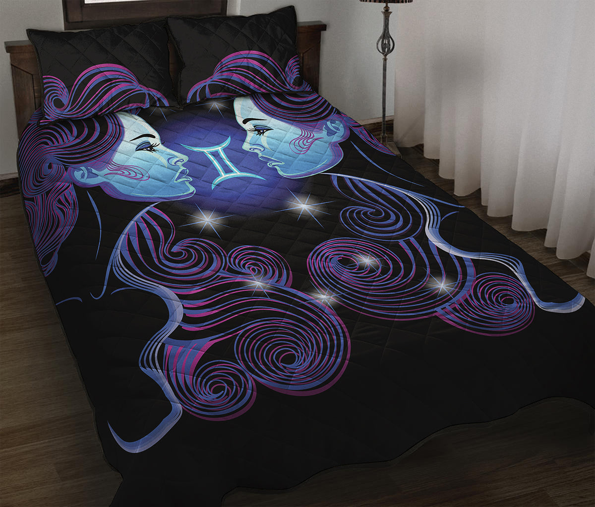 Dark Gemini Zodiac Sign Print Quilt Bed Set