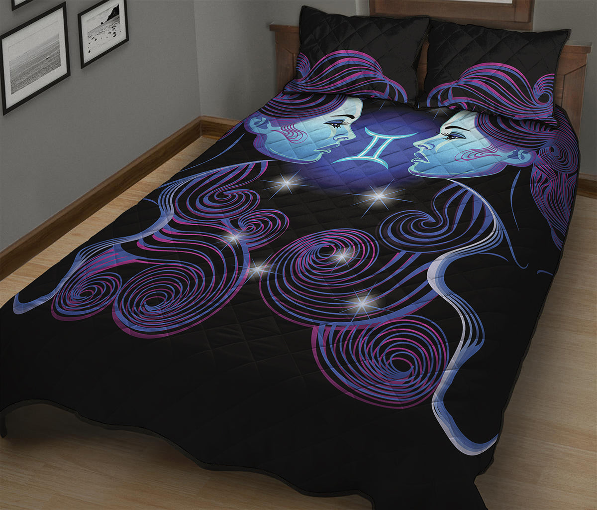 Dark Gemini Zodiac Sign Print Quilt Bed Set