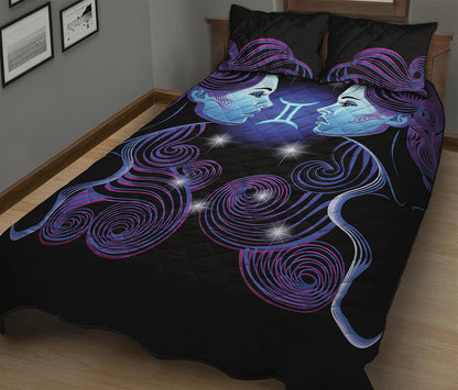 Dark Gemini Zodiac Sign Print Quilt Bed Set