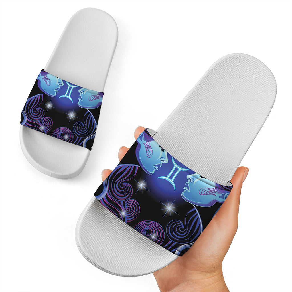 Dark Gemini Zodiac Sign Print White Slide Sandals