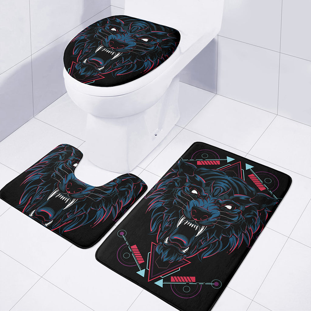 Dark Geometric Wolf Print 3 Piece Bath Mat Set