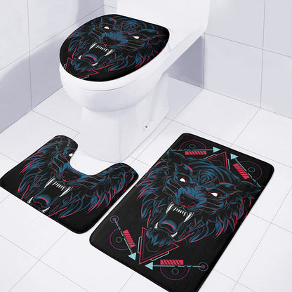 Dark Geometric Wolf Print 3 Piece Bath Mat Set