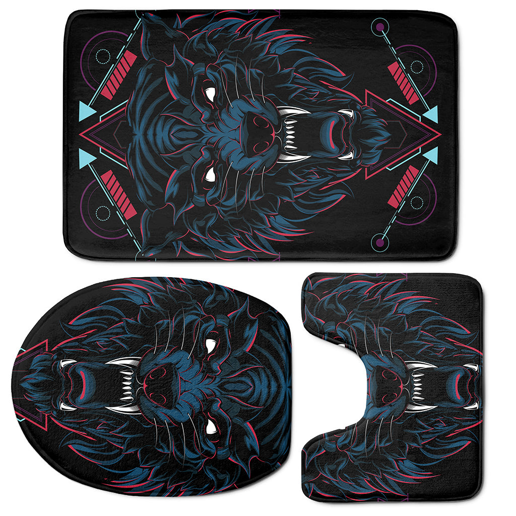Dark Geometric Wolf Print 3 Piece Bath Mat Set