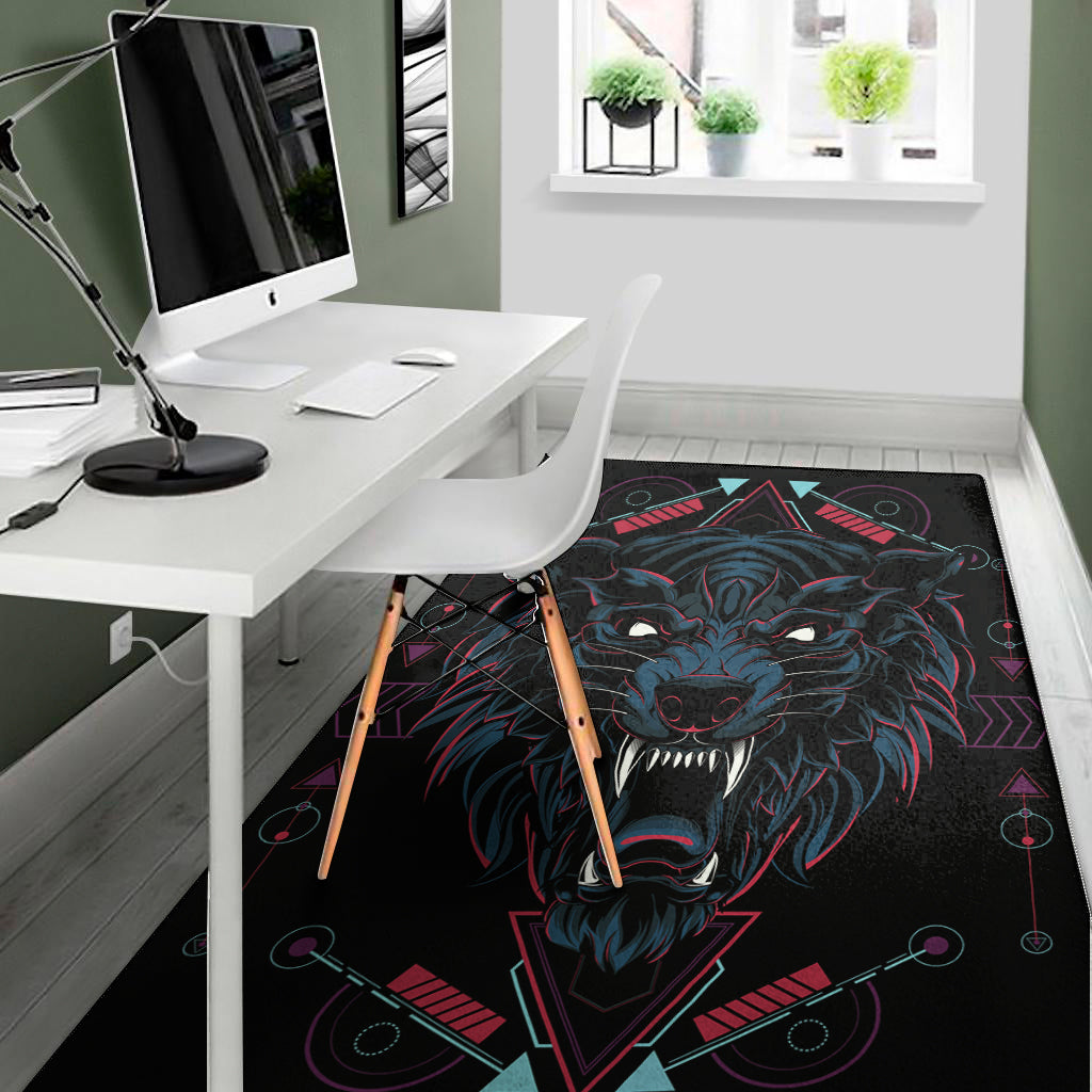 Dark Geometric Wolf Print Area Rug