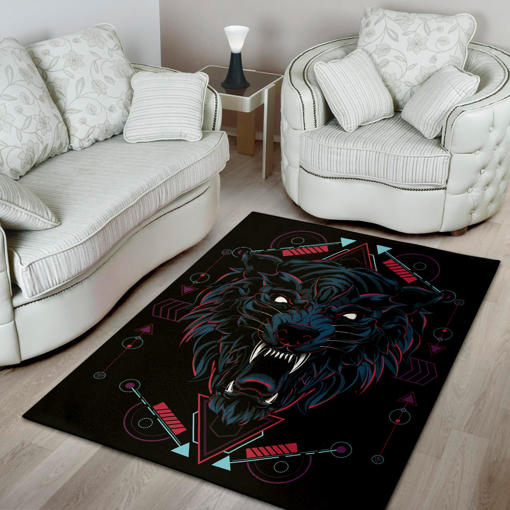 Dark Geometric Wolf Print Area Rug