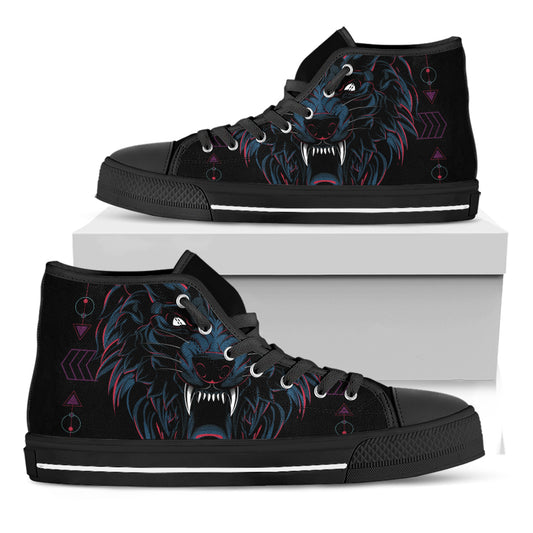 Dark Geometric Wolf Print Black High Top Shoes