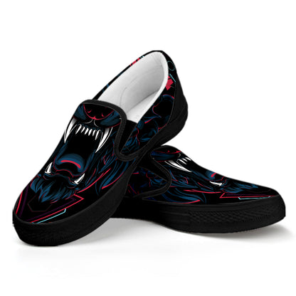 Dark Geometric Wolf Print Black Slip On Shoes