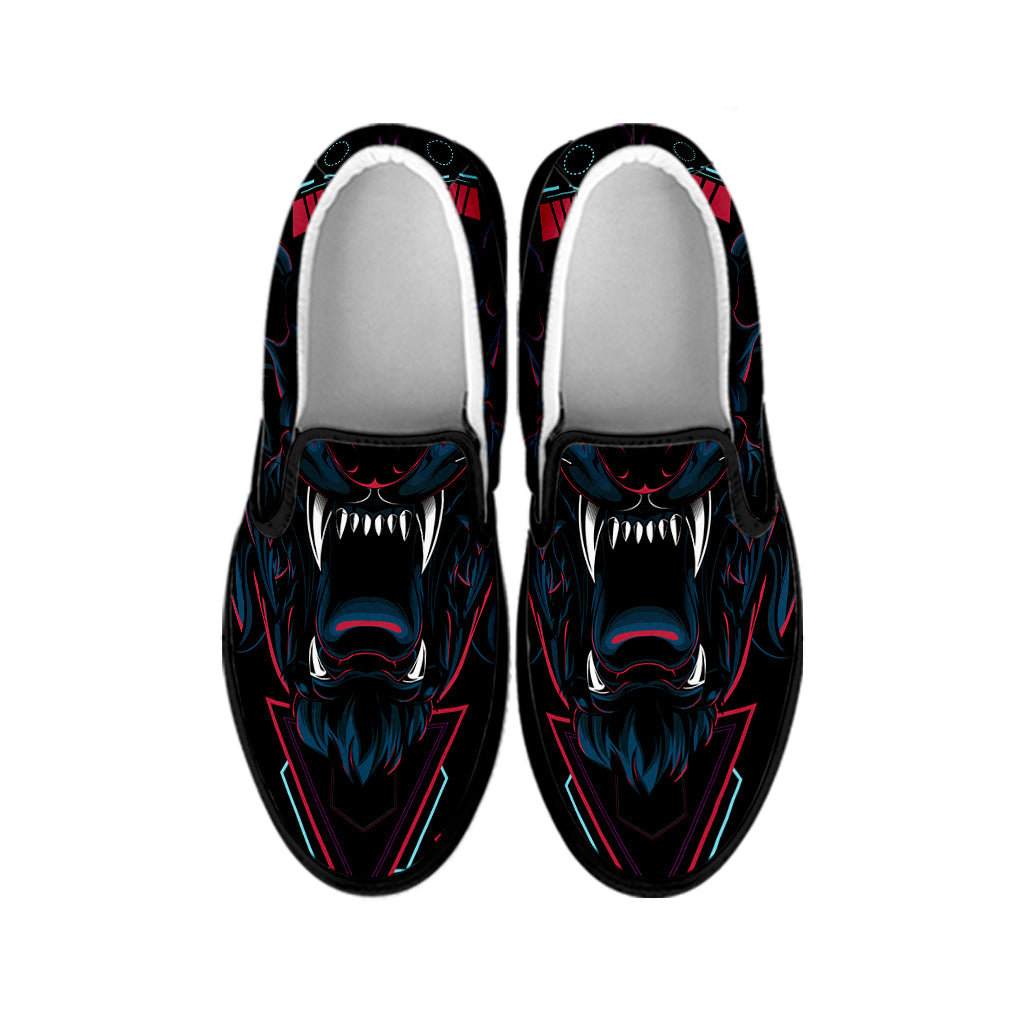 Dark Geometric Wolf Print Black Slip On Shoes