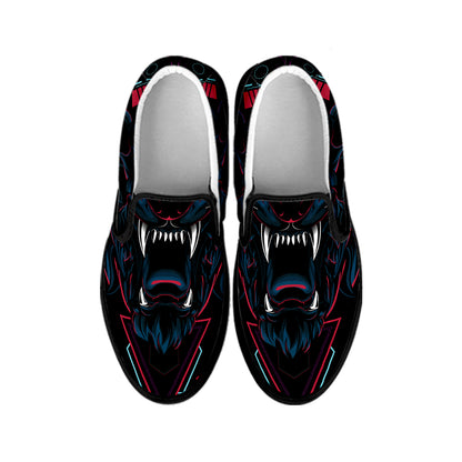 Dark Geometric Wolf Print Black Slip On Shoes
