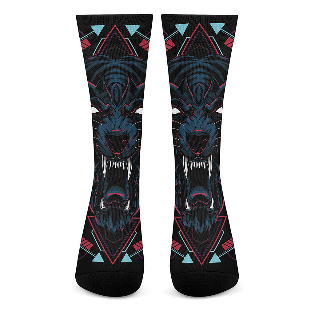 Dark Geometric Wolf Print Crew Socks